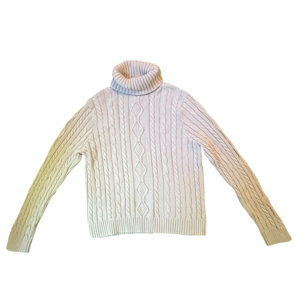 Pria Turtleneck Sweater Womens Large Light Blue Cable Knit Cotton Coastal Preppy